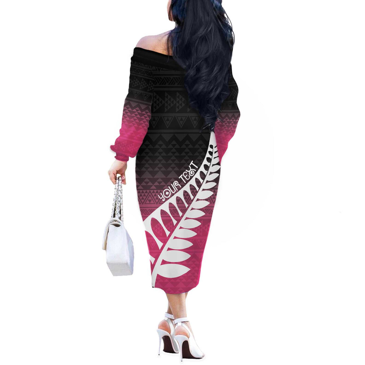 Pink Silver Fern Spirit Taniko Tukutuku Personalised Off The Shoulder Long Sleeve Dress LT9 - Polynesian Pride