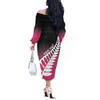 Pink Silver Fern Spirit Taniko Tukutuku Personalised Off The Shoulder Long Sleeve Dress LT9 - Polynesian Pride