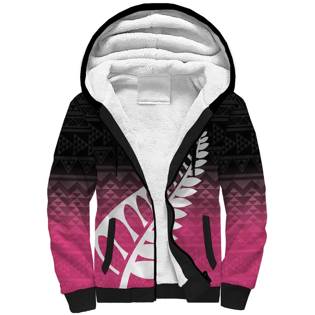 Pink Silver Fern Spirit Taniko Tukutuku Personalised Sherpa Hoodie LT9 Unisex Pink - Polynesian Pride