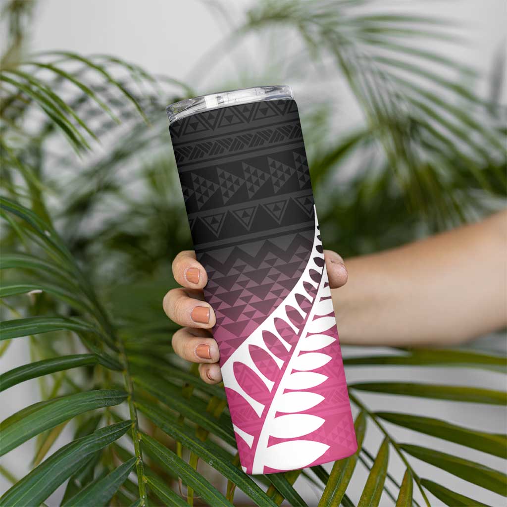 Pink Silver Fern Spirit Taniko Tukutuku Personalised Skinny Tumbler LT9 - Polynesian Pride