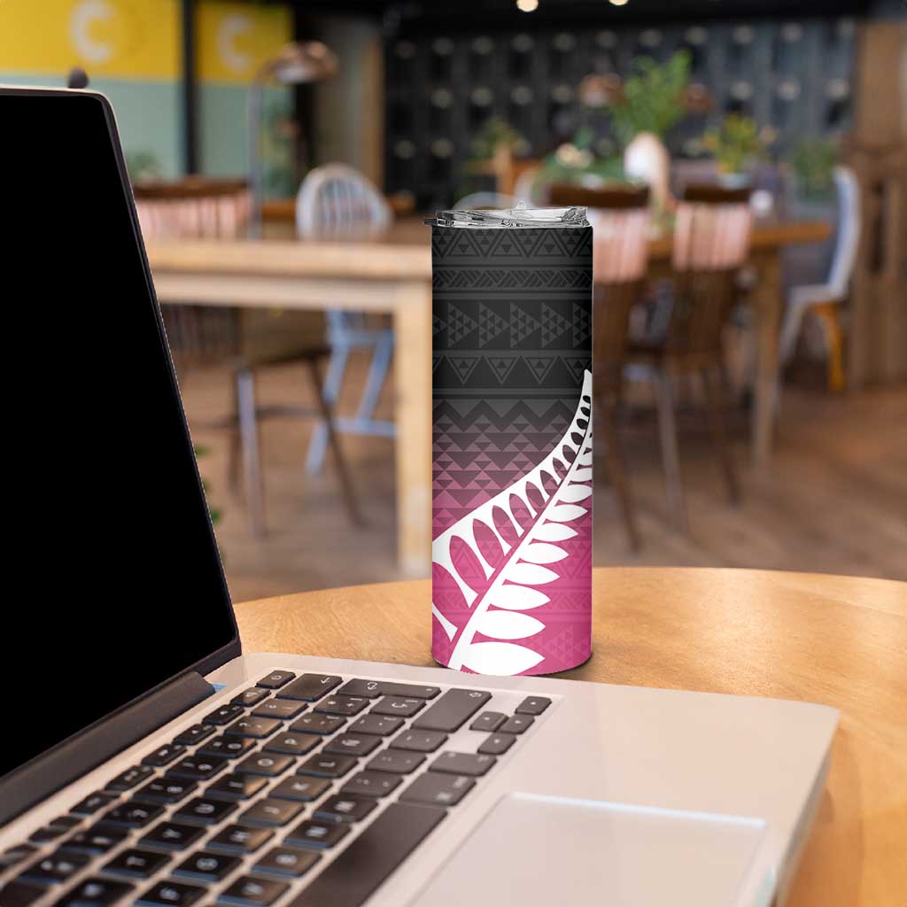 Pink Silver Fern Spirit Taniko Tukutuku Personalised Skinny Tumbler LT9 - Polynesian Pride