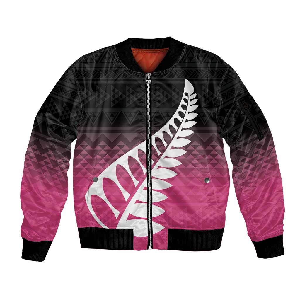 Pink Silver Fern Spirit Taniko Tukutuku Personalised Sleeve Zip Bomber Jacket LT9 Unisex Pink - Polynesian Pride