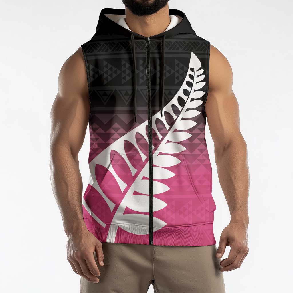Pink Silver Fern Spirit Taniko Tukutuku Personalised Sleeveless Zip Hoodie LT9 - Polynesian Pride