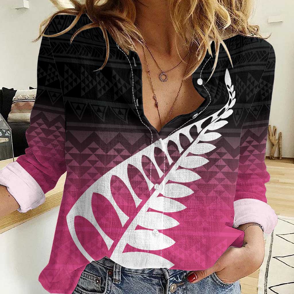 Pink Silver Fern Spirit Taniko Tukutuku Personalised Women Casual Shirt LT9 Female Pink - Polynesian Pride