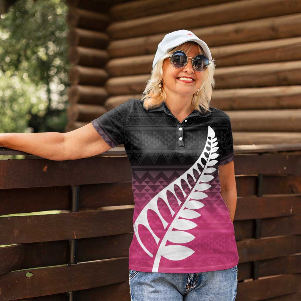 Pink Silver Fern Spirit Taniko Tukutuku Personalised Women Polo Shirt LT9 - Polynesian Pride