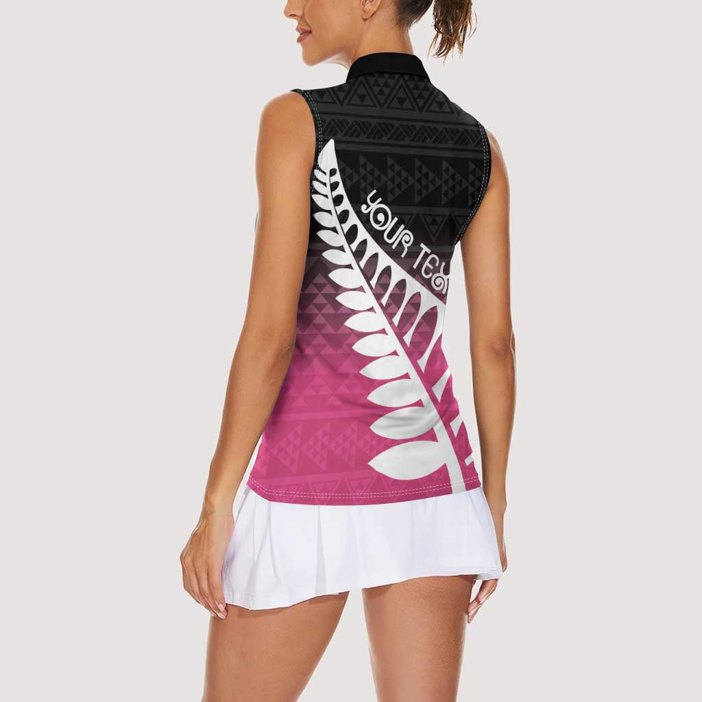 Pink Silver Fern Spirit Taniko Tukutuku Personalised Women Sleeveless Polo Shirt LT9 - Polynesian Pride