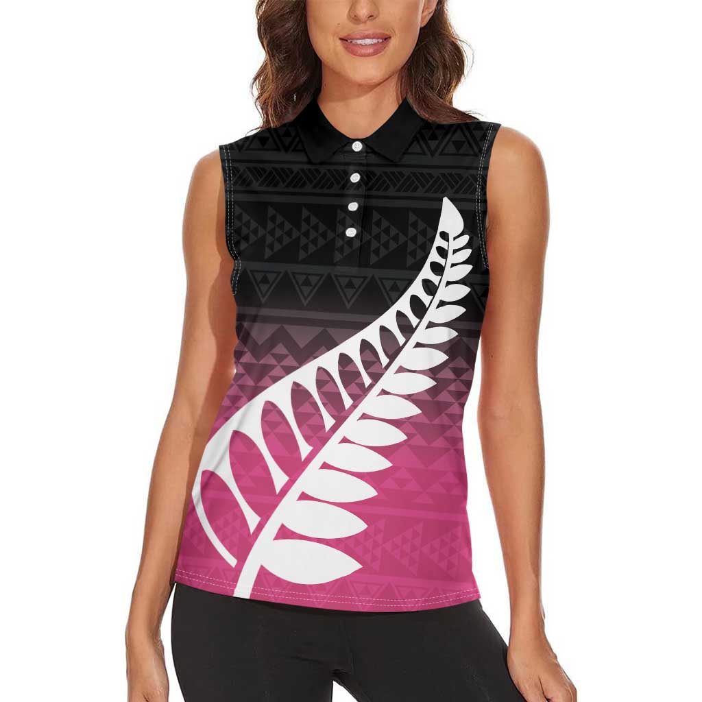Pink Silver Fern Spirit Taniko Tukutuku Personalised Women Sleeveless Polo Shirt LT9 - Polynesian Pride