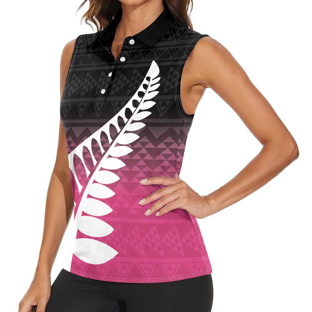 Pink Silver Fern Spirit Taniko Tukutuku Personalised Women Sleeveless Polo Shirt LT9 - Polynesian Pride
