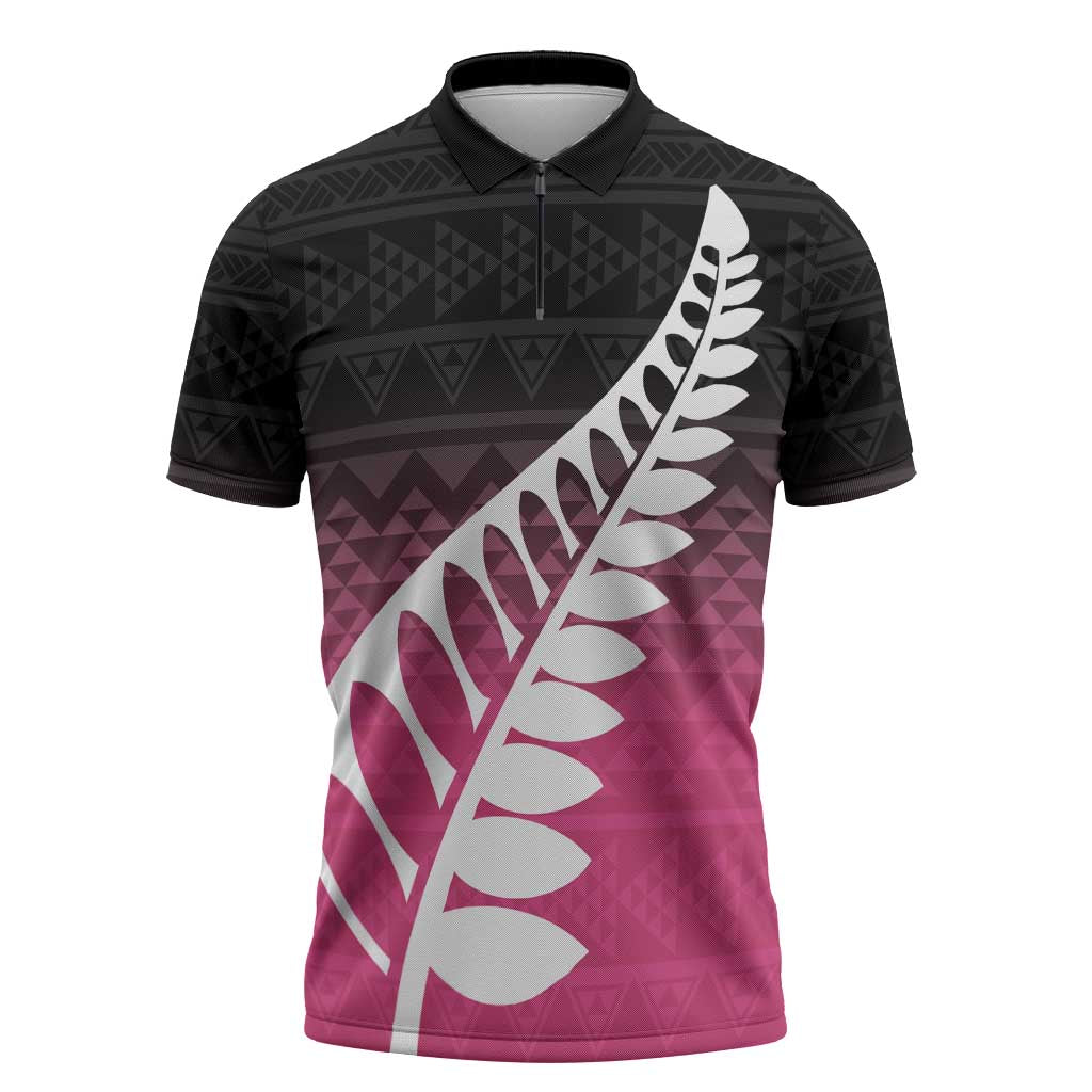 Pink Silver Fern Spirit Taniko Tukutuku Personalised Zipper Polo Shirt LT9 Pink - Polynesian Pride