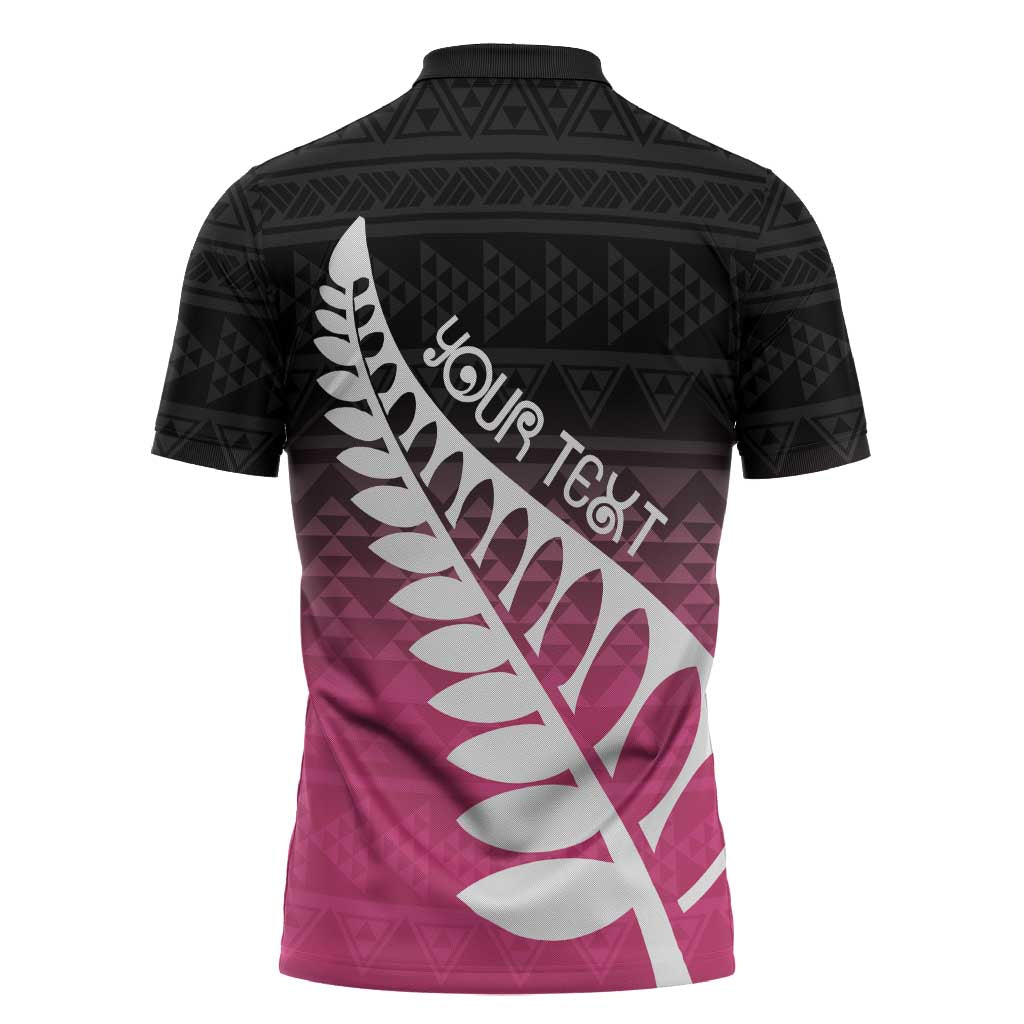 Pink Silver Fern Spirit Taniko Tukutuku Personalised Zipper Polo Shirt LT9 - Polynesian Pride