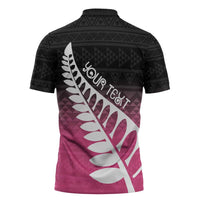 Pink Silver Fern Spirit Taniko Tukutuku Personalised Zipper Polo Shirt LT9 - Polynesian Pride