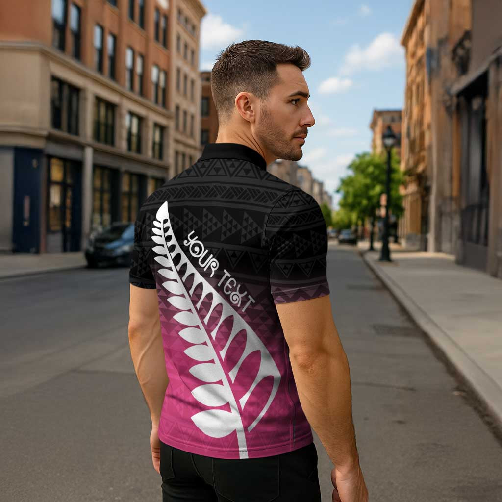 Pink Silver Fern Spirit Taniko Tukutuku Personalised Zipper Polo Shirt LT9 - Polynesian Pride