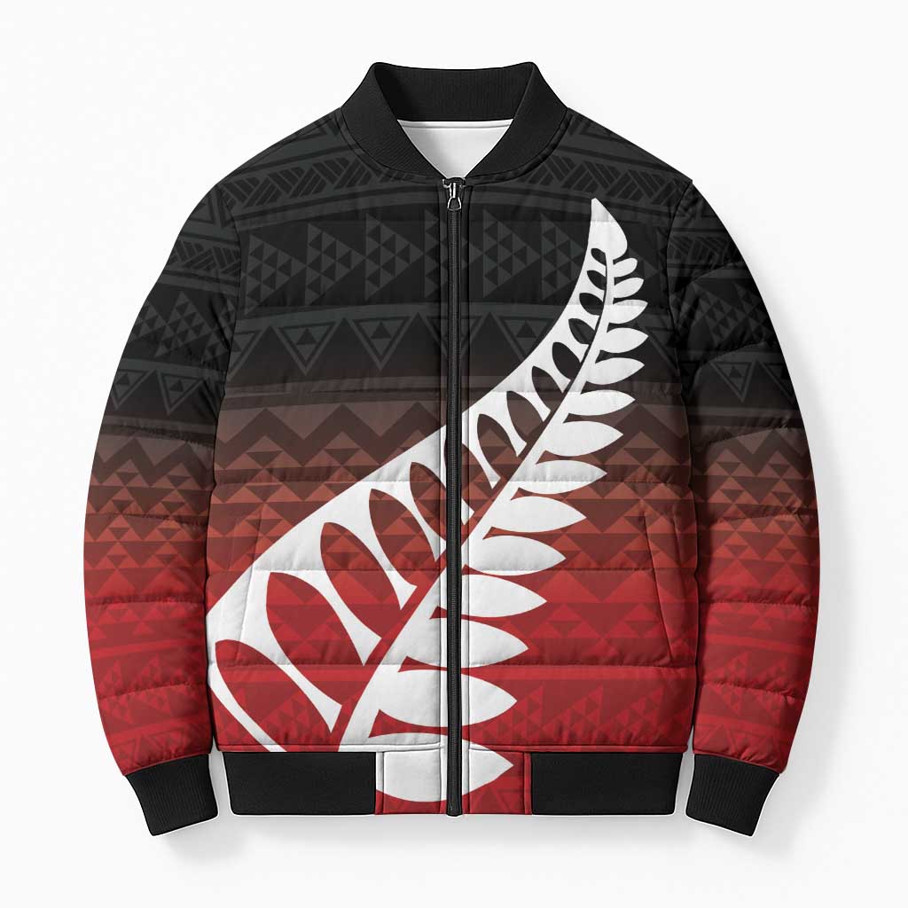 Red Silver Fern Spirit Taniko Tukutuku Personalised Bomber Puffer Jacket LT9 Unisex Red - Polynesian Pride