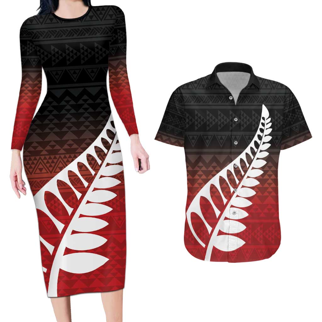 Red Silver Fern Spirit Taniko Tukutuku Personalised Couples Matching Long Sleeve Bodycon Dress and Hawaiian Shirt LT9 Red - Polynesian Pride