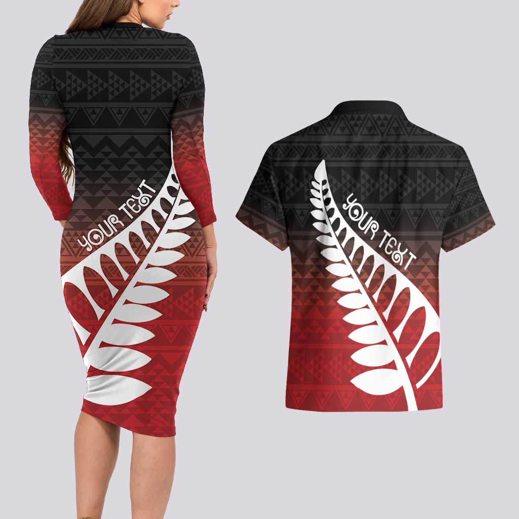 Red Silver Fern Spirit Taniko Tukutuku Personalised Couples Matching Long Sleeve Bodycon Dress and Hawaiian Shirt LT9 - Polynesian Pride