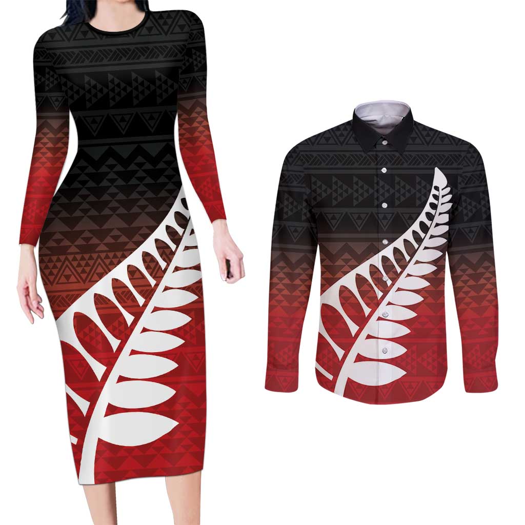 Red Silver Fern Spirit Taniko Tukutuku Personalised Couples Matching Long Sleeve Bodycon Dress and Long Sleeve Button Shirt LT9 Red - Polynesian Pride