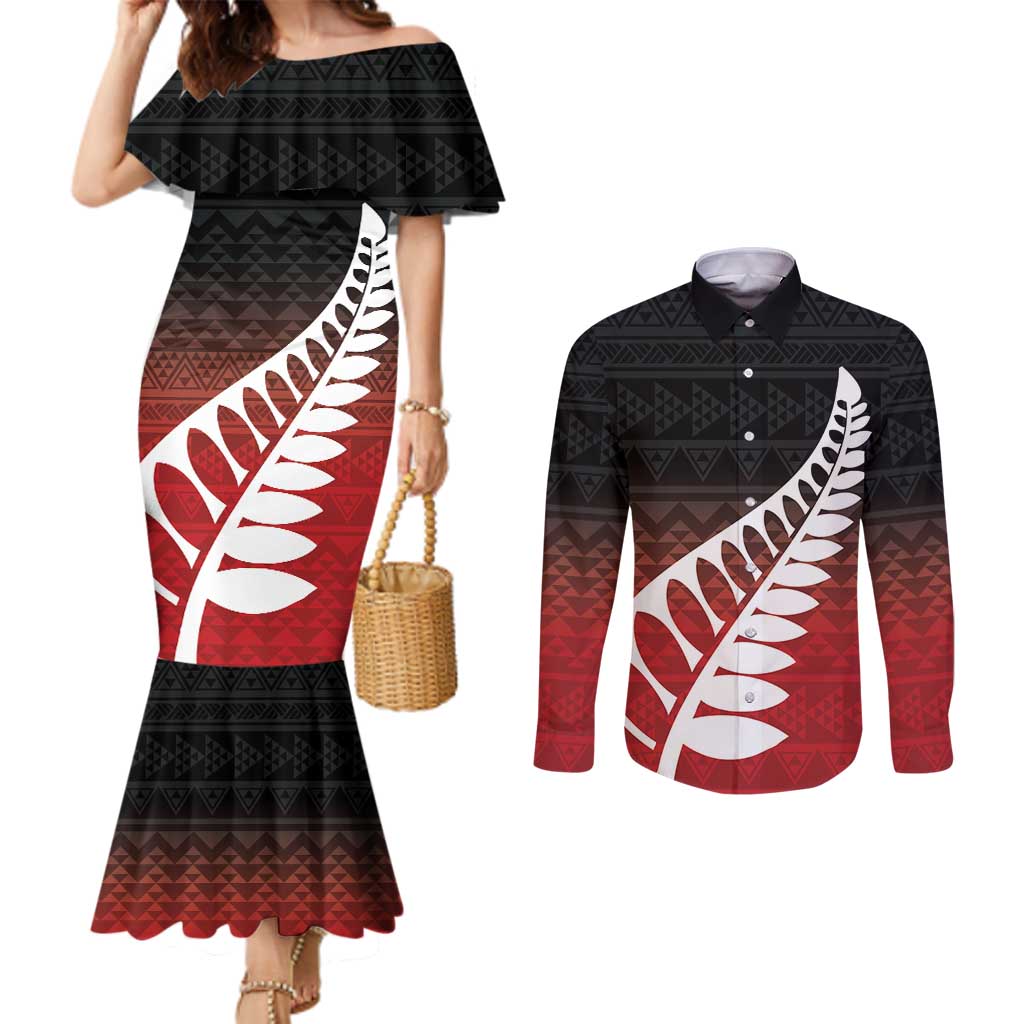 Red Silver Fern Spirit Taniko Tukutuku Personalised Couples Matching Mermaid Dress and Long Sleeve Button Shirt LT9 Red - Polynesian Pride