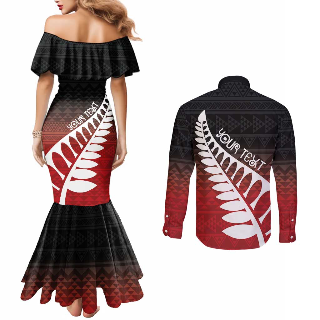 Red Silver Fern Spirit Taniko Tukutuku Personalised Couples Matching Mermaid Dress and Long Sleeve Button Shirt LT9 - Polynesian Pride