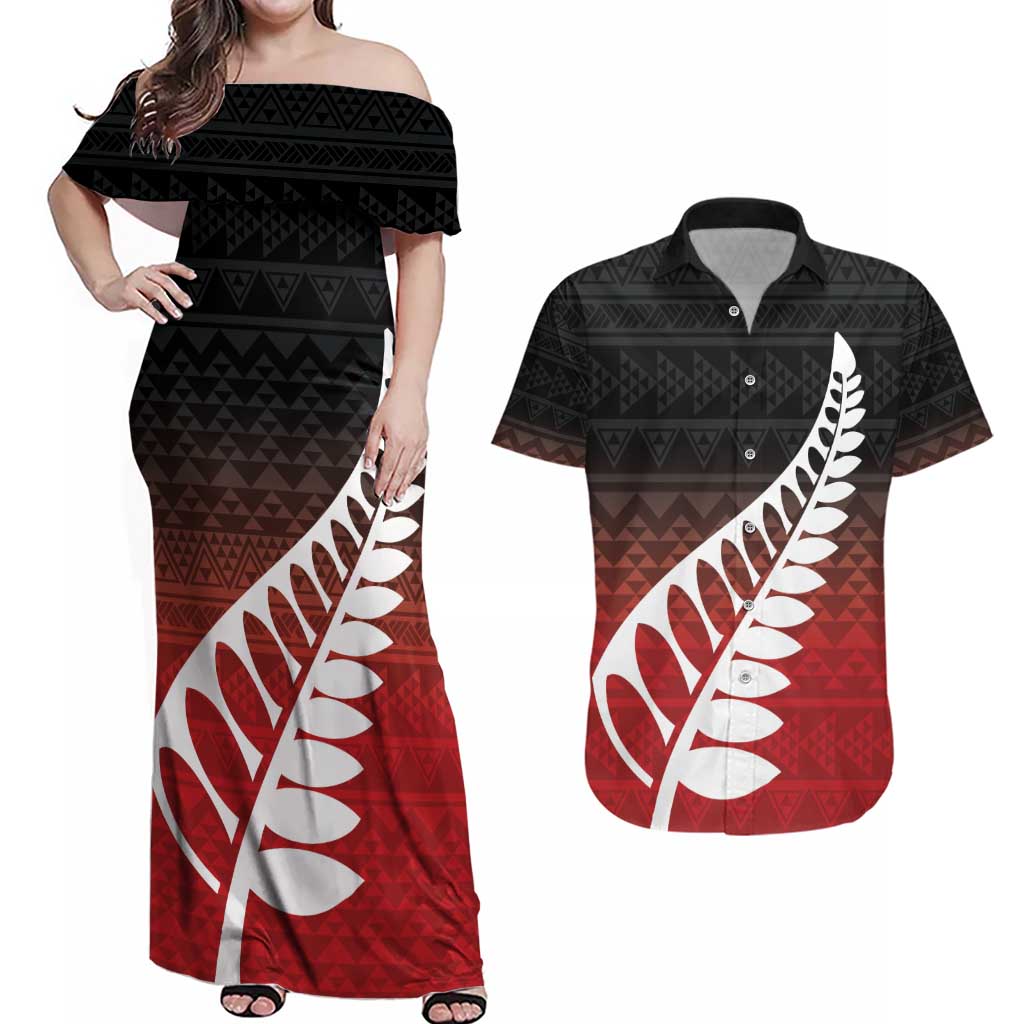 Red Silver Fern Spirit Taniko Tukutuku Personalised Couples Matching Off Shoulder Maxi Dress and Hawaiian Shirt LT9 Red - Polynesian Pride