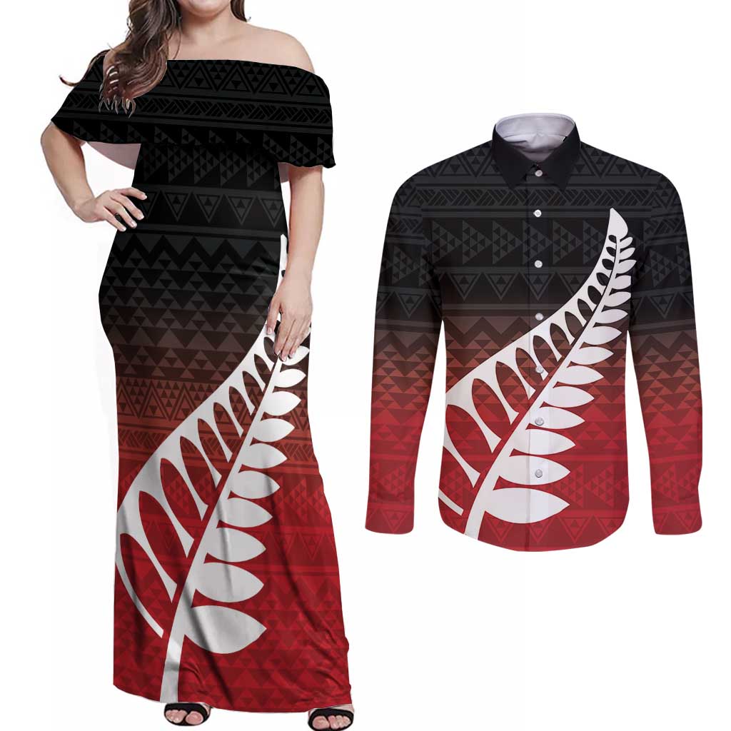 Red Silver Fern Spirit Taniko Tukutuku Personalised Couples Matching Off Shoulder Maxi Dress and Long Sleeve Button Shirt LT9 Red - Polynesian Pride