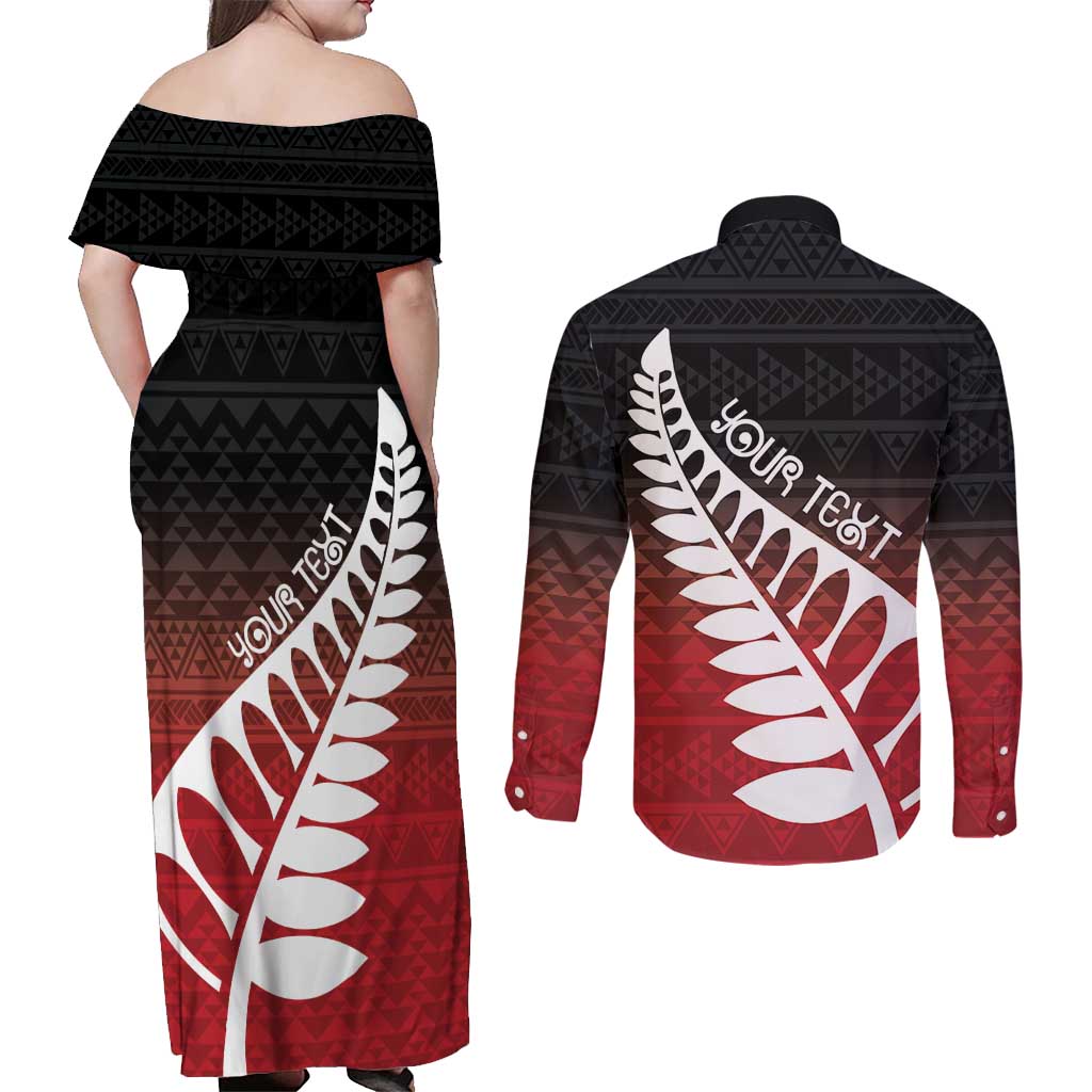 Red Silver Fern Spirit Taniko Tukutuku Personalised Couples Matching Off Shoulder Maxi Dress and Long Sleeve Button Shirt LT9 - Polynesian Pride