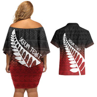 Red Silver Fern Spirit Taniko Tukutuku Personalised Couples Matching Off Shoulder Short Dress and Hawaiian Shirt LT9 - Polynesian Pride