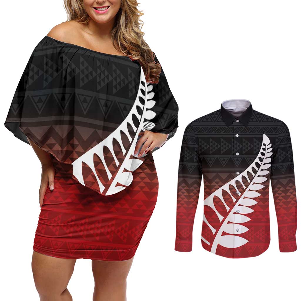 Red Silver Fern Spirit Taniko Tukutuku Personalised Couples Matching Off Shoulder Short Dress and Long Sleeve Button Shirt LT9 Red - Polynesian Pride