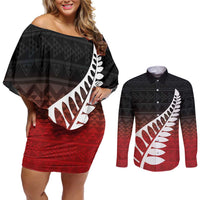 Red Silver Fern Spirit Taniko Tukutuku Personalised Couples Matching Off Shoulder Short Dress and Long Sleeve Button Shirt LT9 Red - Polynesian Pride