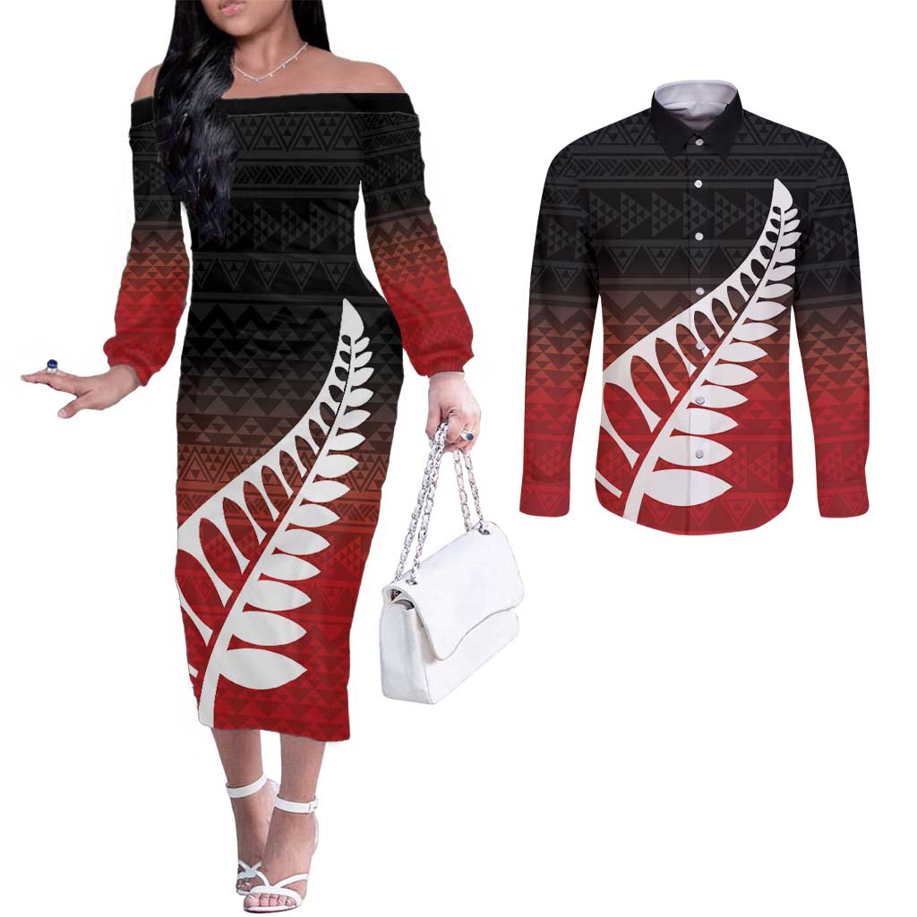 Red Silver Fern Spirit Taniko Tukutuku Personalised Couples Matching Off The Shoulder Long Sleeve Dress and Long Sleeve Button Shirt LT9 Red - Polynesian Pride