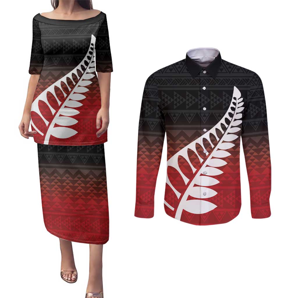 Red Silver Fern Spirit Taniko Tukutuku Personalised Couples Matching Puletasi and Long Sleeve Button Shirt LT9 Red - Polynesian Pride