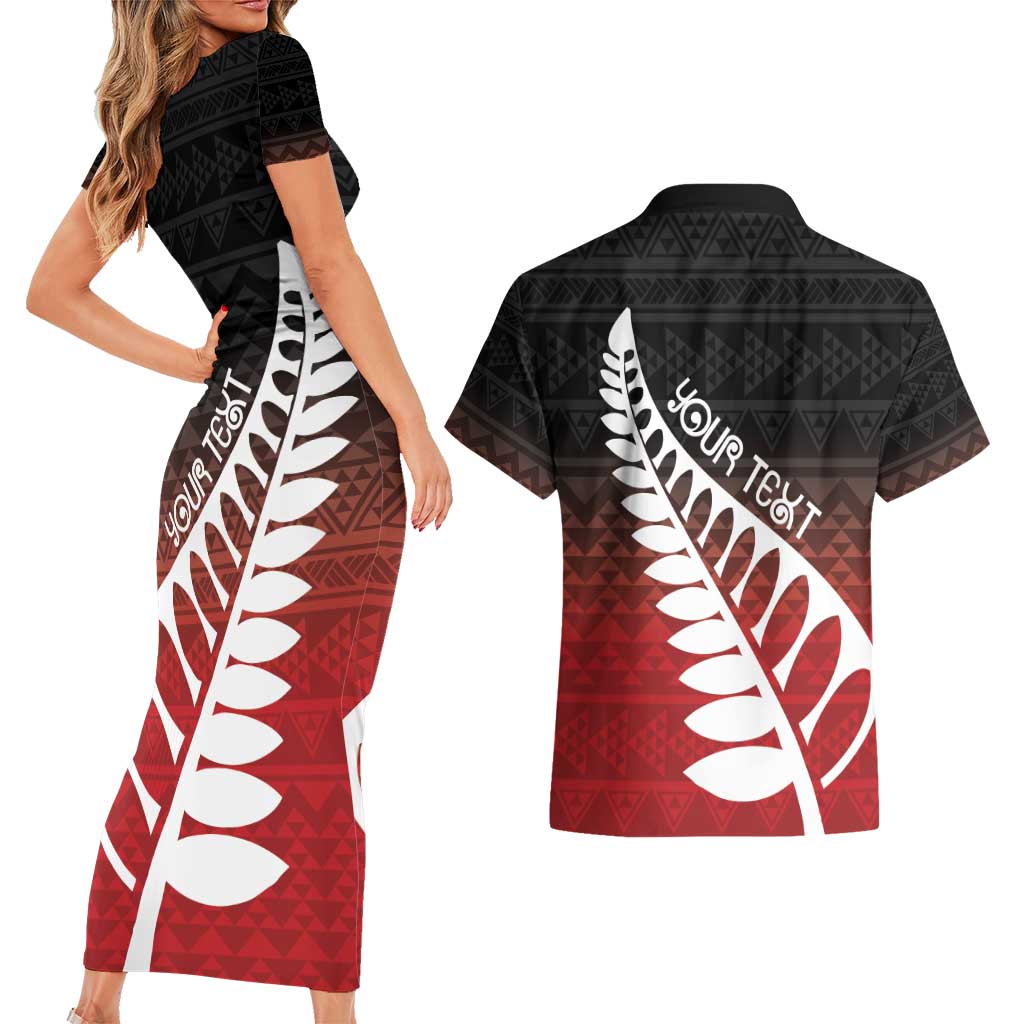 Red Silver Fern Spirit Taniko Tukutuku Personalised Couples Matching Short Sleeve Bodycon Dress and Hawaiian Shirt LT9 - Polynesian Pride