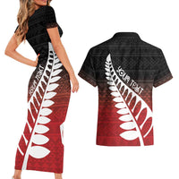 Red Silver Fern Spirit Taniko Tukutuku Personalised Couples Matching Short Sleeve Bodycon Dress and Hawaiian Shirt LT9 - Polynesian Pride