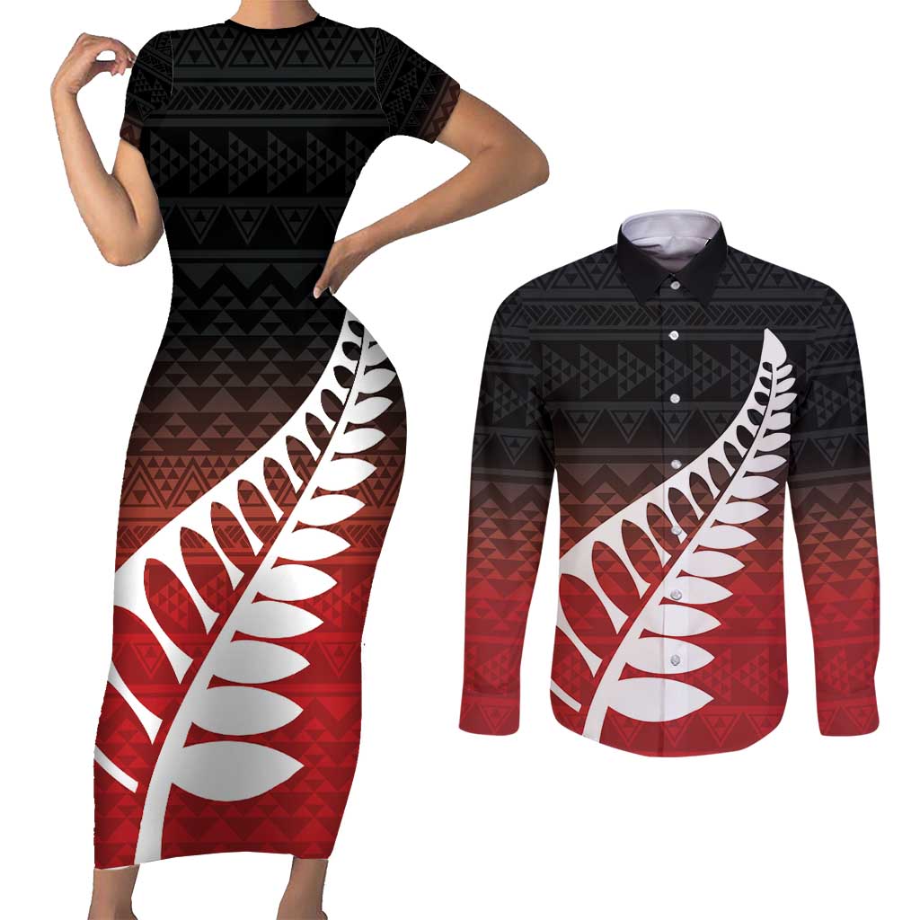 Red Silver Fern Spirit Taniko Tukutuku Personalised Couples Matching Short Sleeve Bodycon Dress and Long Sleeve Button Shirt LT9 Red - Polynesian Pride