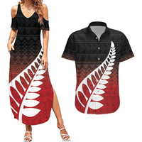 Red Silver Fern Spirit Taniko Tukutuku Personalised Couples Matching Summer Maxi Dress and Hawaiian Shirt LT9 Red - Polynesian Pride