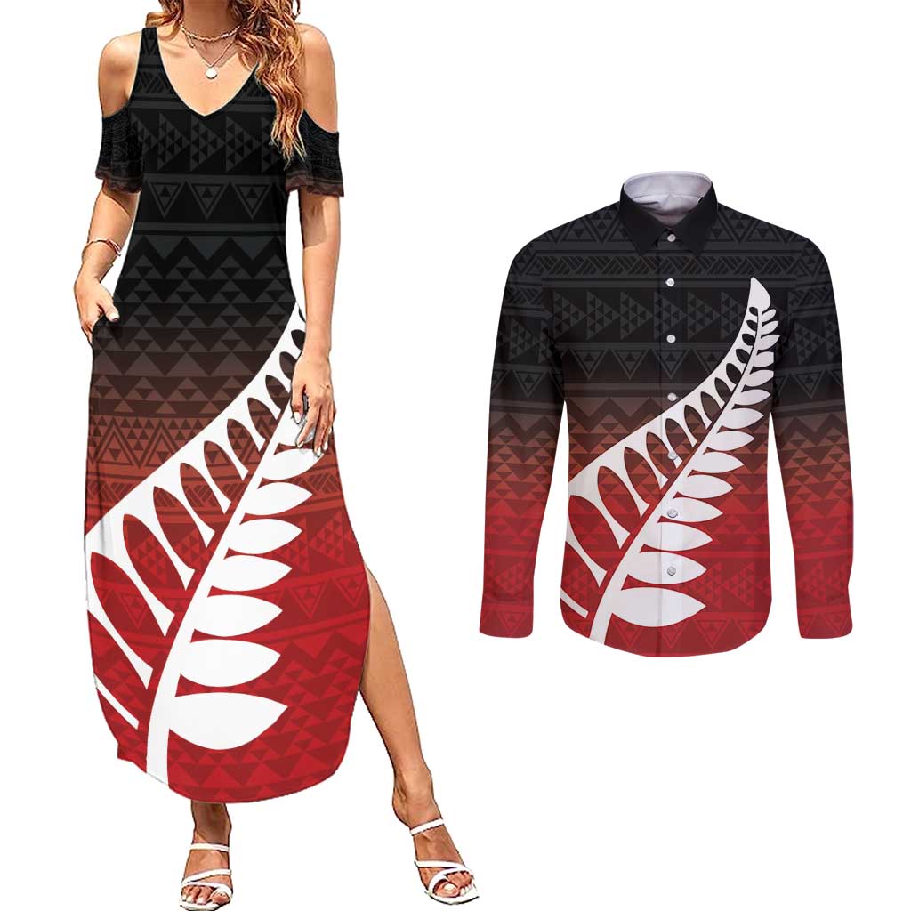 Red Silver Fern Spirit Taniko Tukutuku Personalised Couples Matching Summer Maxi Dress and Long Sleeve Button Shirt LT9 Red - Polynesian Pride