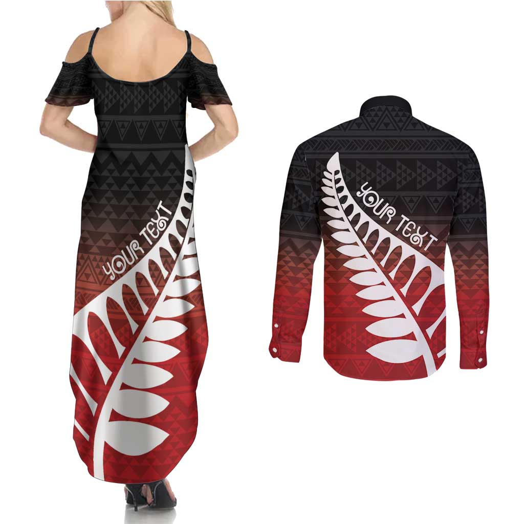 Red Silver Fern Spirit Taniko Tukutuku Personalised Couples Matching Summer Maxi Dress and Long Sleeve Button Shirt LT9 - Polynesian Pride