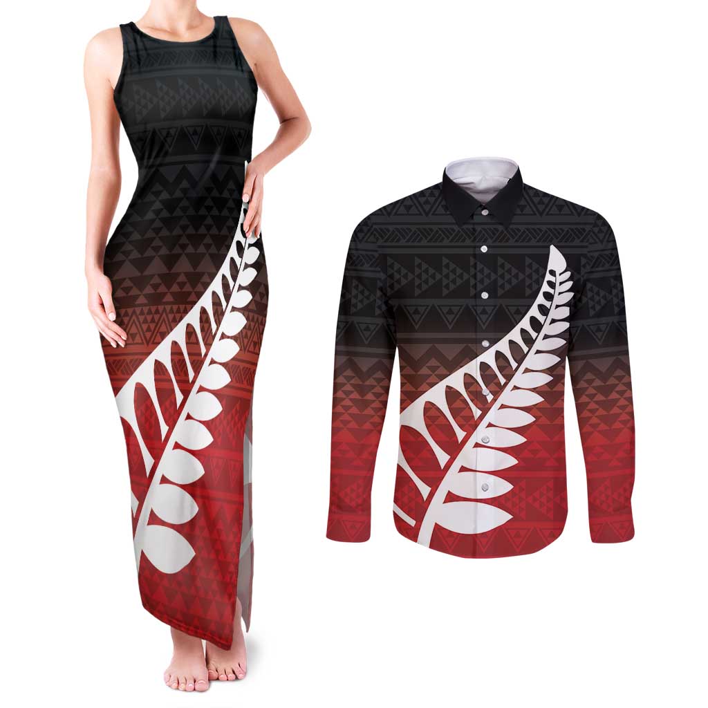 Red Silver Fern Spirit Taniko Tukutuku Personalised Couples Matching Tank Maxi Dress and Long Sleeve Button Shirt LT9 Red - Polynesian Pride