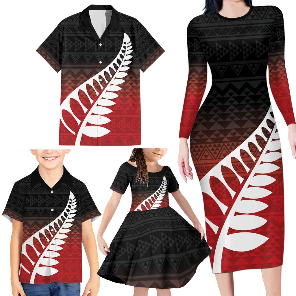 Red Silver Fern Spirit Taniko Tukutuku Personalised Family Matching Long Sleeve Bodycon Dress and Hawaiian Shirt LT9 - Polynesian Pride