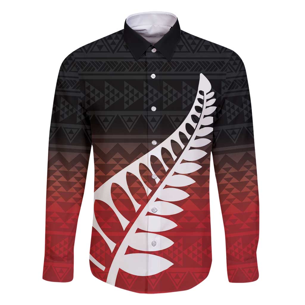 Red Silver Fern Spirit Taniko Tukutuku Personalised Family Matching Mermaid Dress and Hawaiian Shirt LT9 Dad's Shirt - Long Sleeve Red - Polynesian Pride