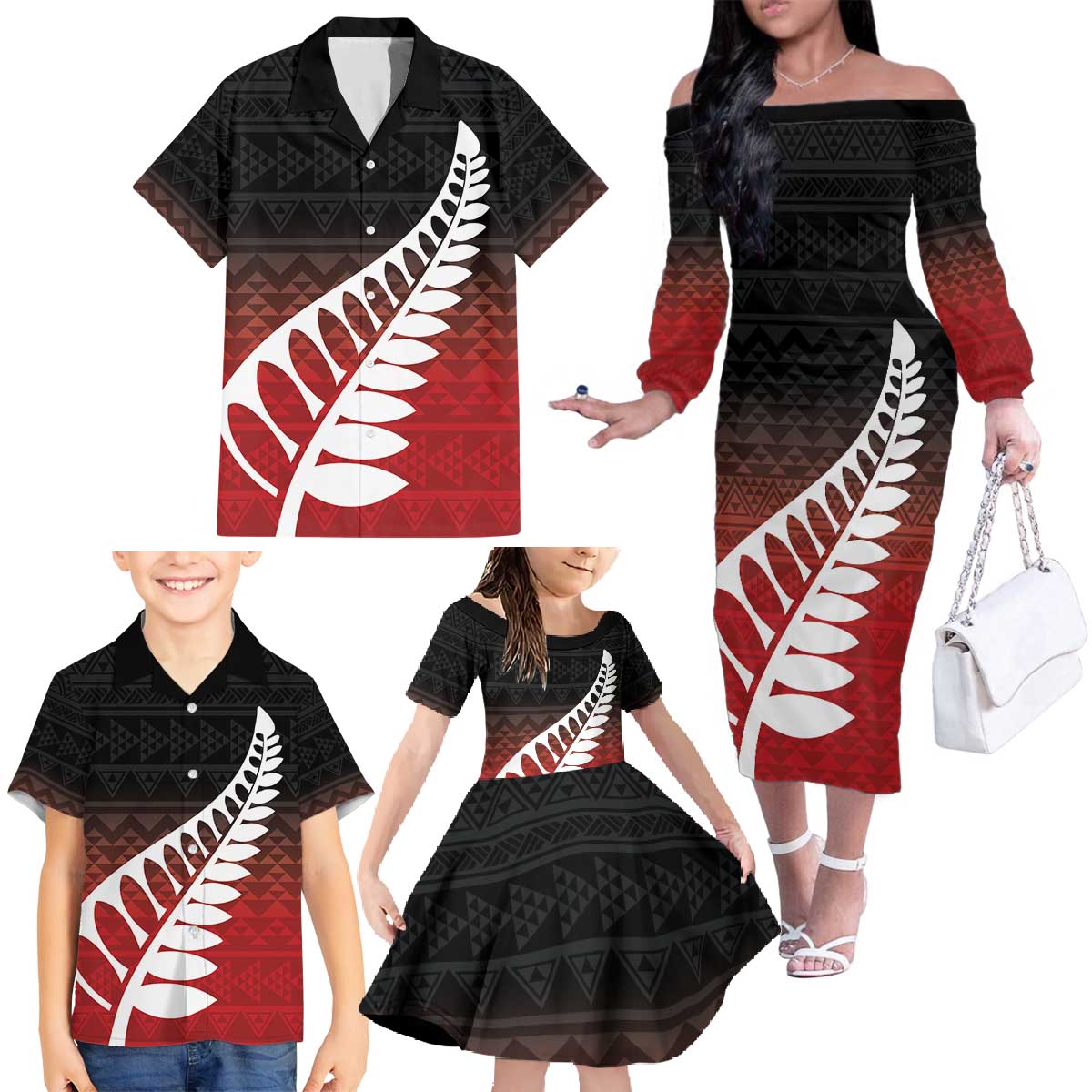 Red Silver Fern Spirit Taniko Tukutuku Personalised Family Matching Off The Shoulder Long Sleeve Dress and Hawaiian Shirt LT9 - Polynesian Pride