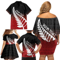 Red Silver Fern Spirit Taniko Tukutuku Personalised Family Matching Off Shoulder Short Dress and Hawaiian Shirt LT9 - Polynesian Pride