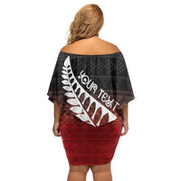 Red Silver Fern Spirit Taniko Tukutuku Personalised Family Matching Off Shoulder Short Dress and Hawaiian Shirt LT9 - Polynesian Pride