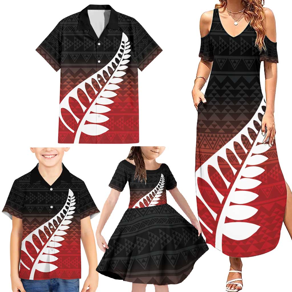 Red Silver Fern Spirit Taniko Tukutuku Personalised Family Matching Summer Maxi Dress and Hawaiian Shirt LT9 - Polynesian Pride