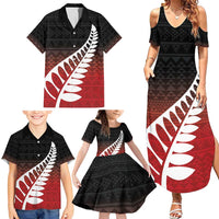 Red Silver Fern Spirit Taniko Tukutuku Personalised Family Matching Summer Maxi Dress and Hawaiian Shirt LT9 - Polynesian Pride