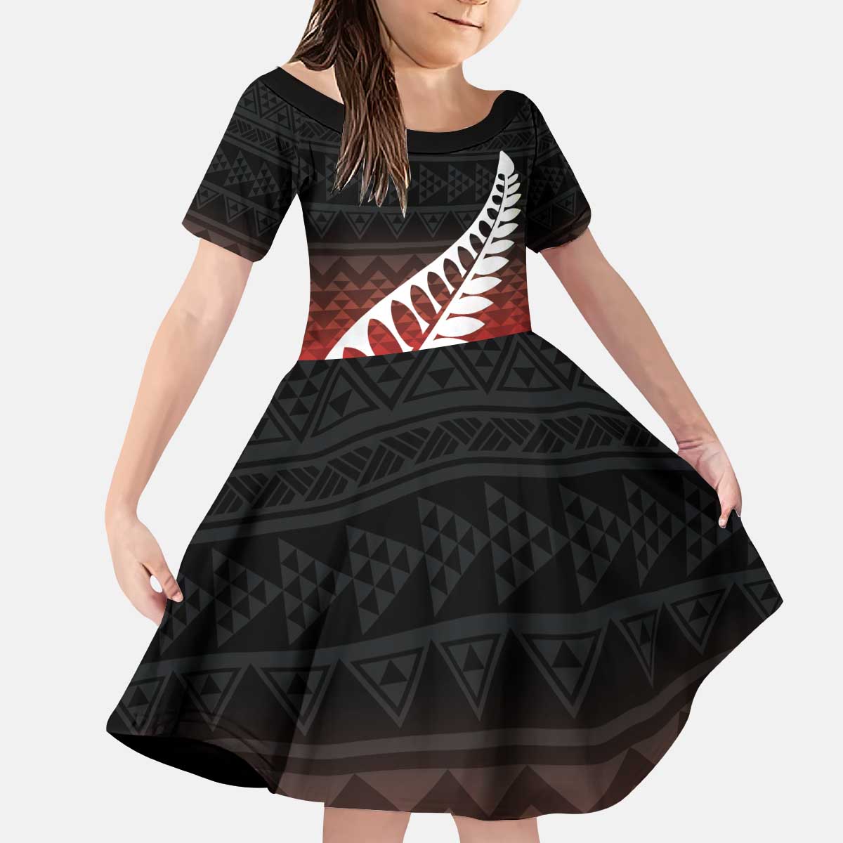 Red Silver Fern Spirit Taniko Tukutuku Personalised Kid Short Sleeve Dress