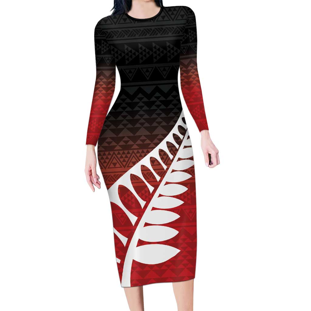 Red Silver Fern Spirit Taniko Tukutuku Personalised Long Sleeve Bodycon Dress LT9 Long Dress Red - Polynesian Pride