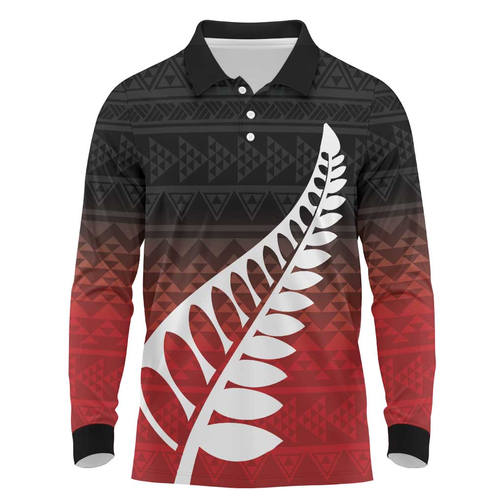 Red Silver Fern Spirit Taniko Tukutuku Personalised Long Sleeve Polo Shirt LT9 Red - Polynesian Pride
