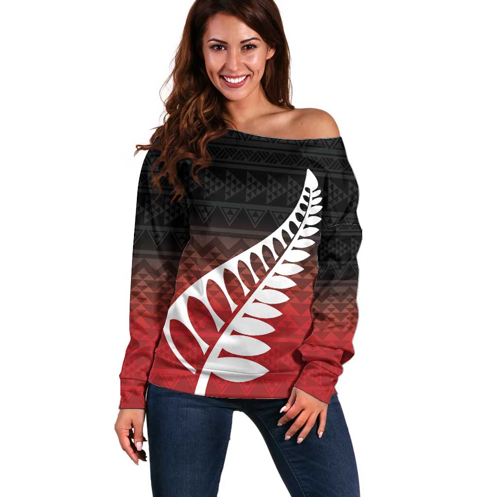 Red Silver Fern Spirit Taniko Tukutuku Personalised Off Shoulder Sweater LT9 Women Red - Polynesian Pride