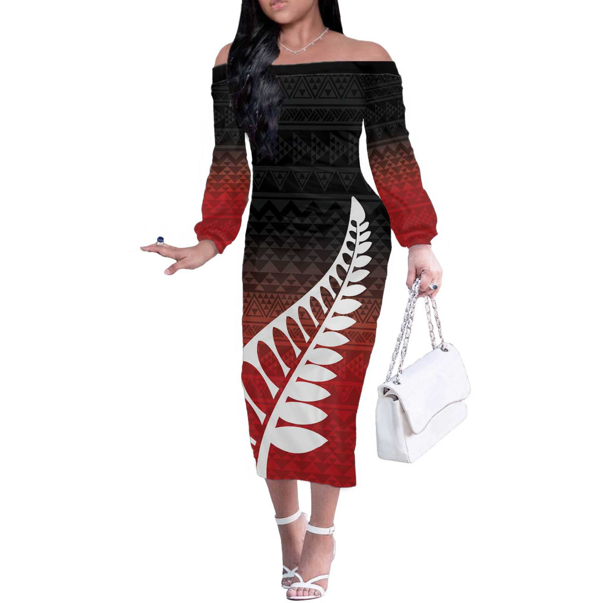 Red Silver Fern Spirit Taniko Tukutuku Personalised Off The Shoulder Long Sleeve Dress LT9 Women Red - Polynesian Pride