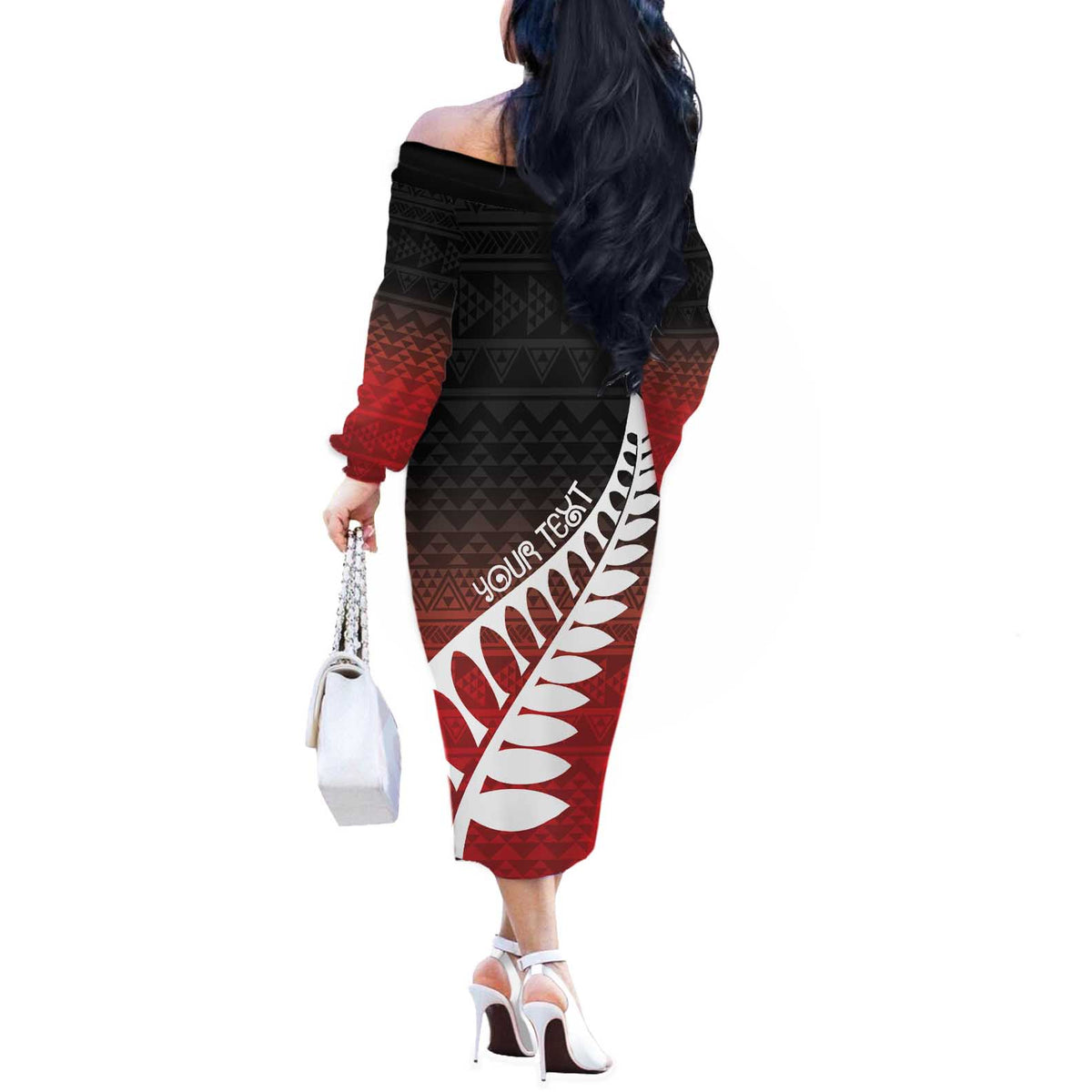 Red Silver Fern Spirit Taniko Tukutuku Personalised Off The Shoulder Long Sleeve Dress LT9 - Polynesian Pride